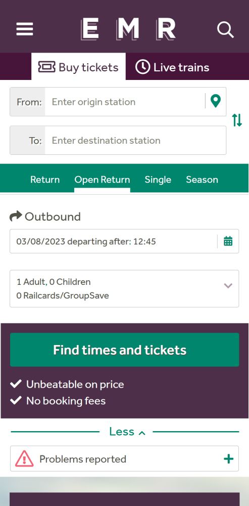 East Midlands Railway mobile booking form