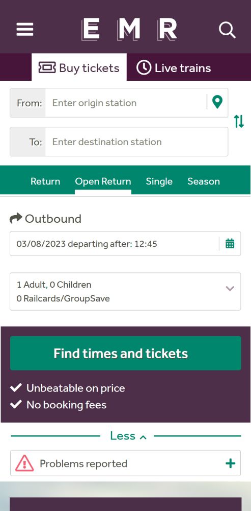 East Midlands Railway mobile booking form